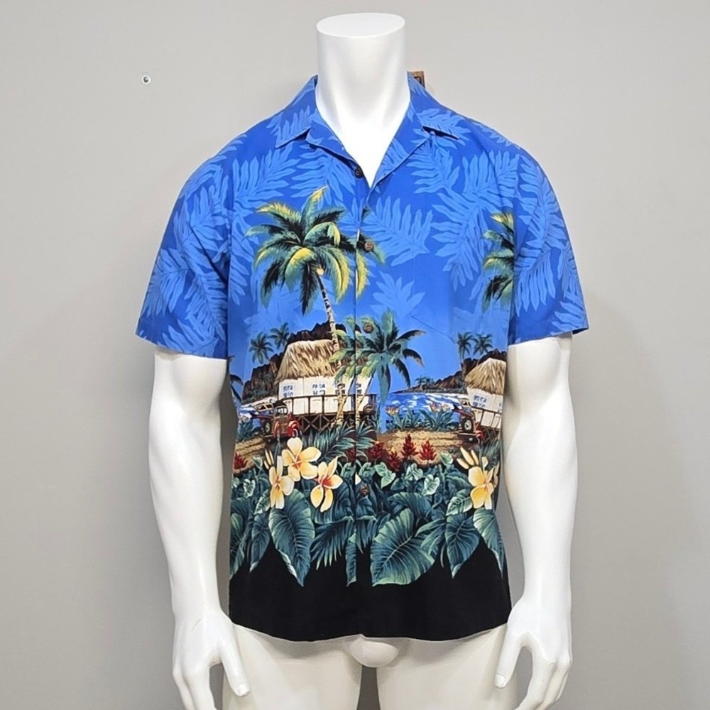 Vintage Kole Kole Hawaiian Camp Shirt Mens Medium Blue Tropical Scenic Beach USA